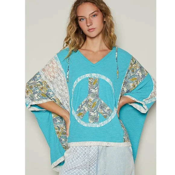75. NWOT POL Turquoise Oversized V-neck Floral Peace Sign Hoodie - Picture 5 of 7